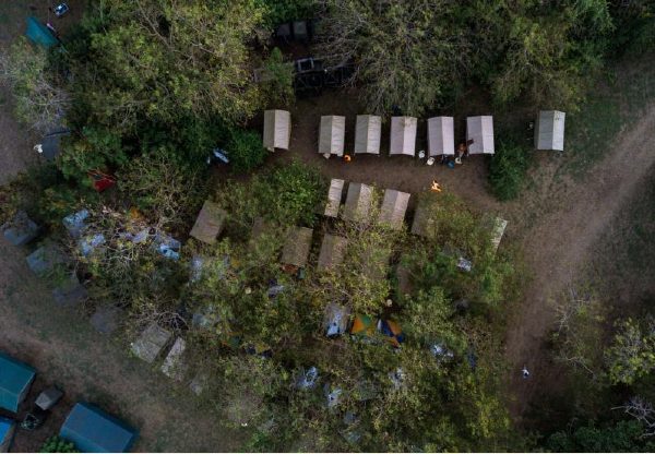 Aerial view of a Tarpo camp in the forest