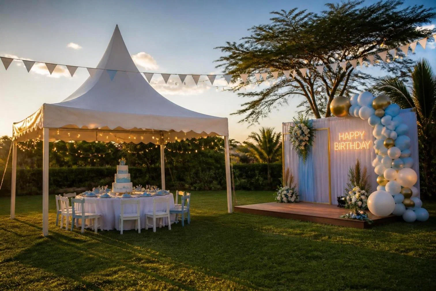 Kids’ birthday party setup — white party tent with cake table and child-sized chairs, and a stage with a floral backdrop and neon Happy Birthday sign